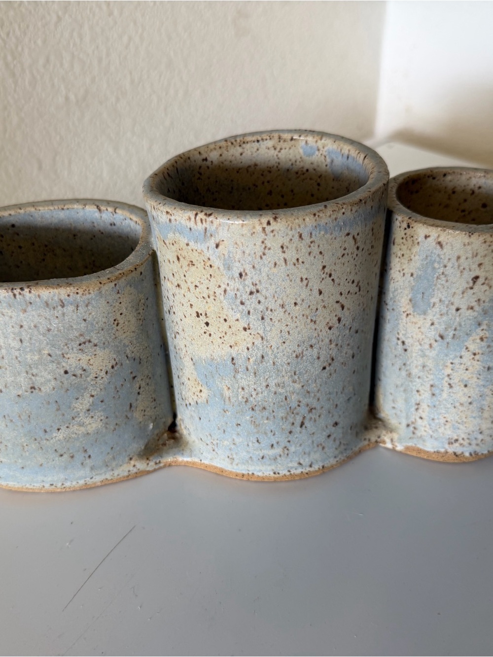 Handcrafted Speckled Ceramic Trio Caddy - Blue Cream